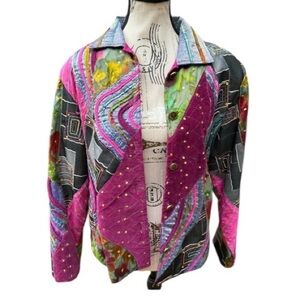 Boho Patchwork Quilted Jacket M Colorful Art To Wear Vibrant Sequin Dopamine